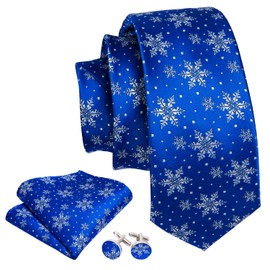 Barry.Wang Blue Men's Christmas Tie Set Silk Xmas Snowflakes Necktie Handkerchief Cufflinks Party