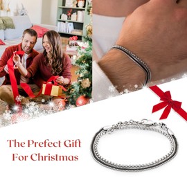 Galis Bracelet Set - Stainless Steel Bracelet for Men, Non Tarnish Silver Plated Box Chain Layered Bracelet, Stylish Men's Jewelry as Gifts for Him, Black & Silver Bracelet with Lobster Claw Clasp 8”