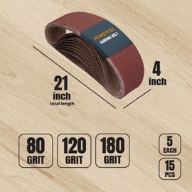 POWERTEC 15PK 4 x 21 Inch Sanding Belts for Belt Sander, 5 Each of 80, 120, 150 Grits, Aluminum Oxide Belt Sander Paper Assortment for Wood & Paint Sanding, Metal Polishing (110011)