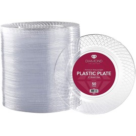 Prestee Clear Plastic Plates, 50ct of 9" Disposable Heavy Duty Hard Plates for Party, Elegant Cake Dessert Salad Appetizer Dinner Plate for Wedding, Holidays, Easter Plates, Super Bowl Party Supplies
