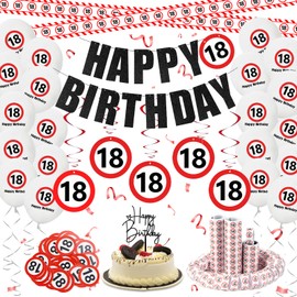 Affivia Verkehrszeichen Deko 18. Geburtstag Junge Mädchen, 18 Geburtstag Deko Set mit Absperrband, Konfetti,Luftschlangen, Kuchendeko, Girlande,Luftballons,Spiralen,Luftballon Geburtstagsdeko 18 Jahre