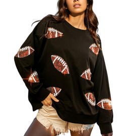 Xunger Women’s Football Print Sequin Sweatshirt Crewneck Oversized Long Sleeve Pullover Tops Gameday Sweatshirts(0891-Black-S-RD)