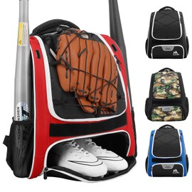 Hsmihair Baseball Bag - Baseball Backpack Holder for Baseball, Large Main Compartment,T-Ball & Softball Equipment & Gear for Youth and Adults,Holds Bats, Helmet, Gloves (Red)