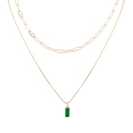 2pcs Gold Charm Necklaces for Women, No Fade Zircon Trendy Stack Pendant Birthstone Necklace and Paperclip Choker Stylish Birthday Jewelry Gift (May Emerald)