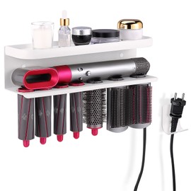 Zenymb Wall Mount Holder for Dyson Airwrap Styler, White Storage Rack Organizer for Hair Curling Iron & Attachments – Space-Saving Bathroom Bracket Stand, No-Drill Installation
