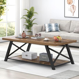 EXCEFUR Modern Coffee Table, Wood and Metal Living Room Center Table with Storage Shelf, Industrial Rectangle Cocktail Tea Table, Rustic Brown, 47 Inch