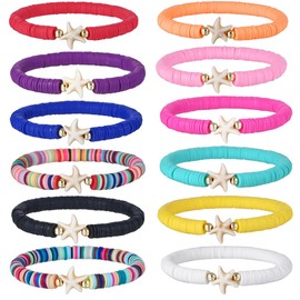 HYHONEY 12pcs Friendship Bracelets Beaded Bracelets Heishi Bracelet Cute Bracelets Stack Vinyl Clay Disc Bead Surfer Stretch Summer Beach Bracelets For Women Preppy Bracelets