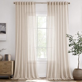 ANRODUO Cream Beige Back Tab Linen Curtains 90 inch Length for Living Room 2 Panel Set Rod Pocket Light Filtering Semi Sheer Linen Drapes Neutral Rustic Country Window Decor for Bedroom