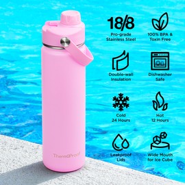 ThermoProof Double-Walled Vacuum Insulated Stainless Steel Water Bottle - Wide Mouth with Chug & Spout Lids, Dishwasher Safe, Reusable, Leakproof, Hot & Cold for Men, Women & Kids - 22oz, Pink