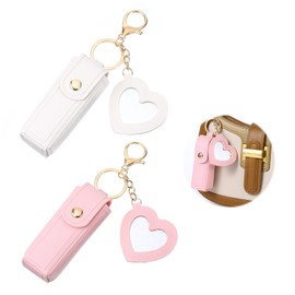 KFHENSOMR Chapstick Holder Key Chain 2 Pcs PU Leather Potable Lipstick Keychain with Mirror Lipstick Sleeve Pouch Chapstick Lip Balm Holder Organizer Travel Storage Case Mini Bag Balm for Women