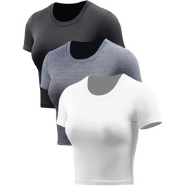 CADMUS Workout Crop Tops Women Racerback Dry Fit Athletic Shirts Short Sleeve 3 Piecese, Black, Grey, White, X-Small