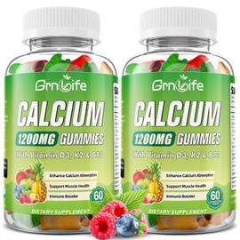 2 Pack Calcium Citrate 1200mg with Vitamin D3 Supplements Gummies for Women & Men, Calcium Gummies with Vitamin D3 K2 & B12, High Absorption for Muscle & Immune, Mixed Flavors, 120 Count