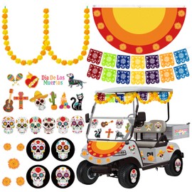 R HORSE 29Pcs Day of The Dead Golf Cart Decoration Kit, Mexican Party Banner Marigold Garland Burlap Bunting Flag Waterproof Sugar Skull Sticker Decor Dia De Los Muertos Party Supplies