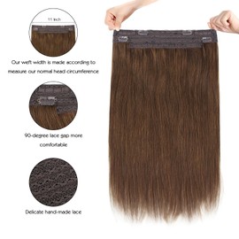 Sassina Invisible Wire Hair Extensions Real Human Hair with Transparent Wire Adjustable Size Secure Clips Natural Straight Secret Miracle Hairpiece, #4 Medium Brown 14 Inch 70 Gram