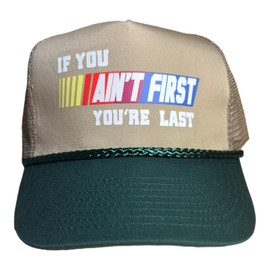 Drive Fast Eat Ass Hat Snapback Trucker Hat for Men or Women, Vintage Fit with Funny Novelty Graphic, Custom Mesh Hat, Green/Beige, Medium-X-Large