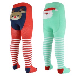 Thingimijigs Baby Girls' Cotton Rich Santa and Reindeer Christmas Tights 2 Pack OEKO-TEX Certified - 12-18 Months