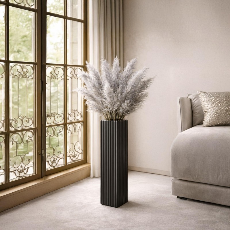18" Modern Black Vertical Stripe Floor Vase, Tall Centerpiece Vase