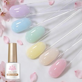 BORN PRETTY Jelly Pastel Gel Nails, Set of 6 Colors, Transparency, Pink, Blue, Purple, Yellow, Green, UV/LED Compatible, Soak-off Type, Salon Quality, For Home DIY, 0.2 fl oz (7 ml)