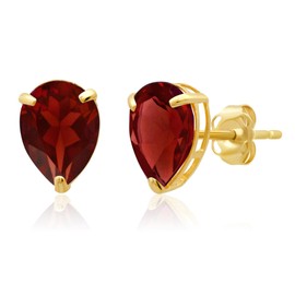 MAX + STONE 14k Yellow Gold Teardrop Red Garnet Pear Shape Stud Earrings for Women with Push Backs and 8mm x 6mm January Birthstone