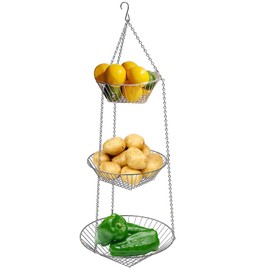 3 Tier Fruit Basket, Vegetable Kitchen Storage Basket Chain Hanging Space Saving Rustic Country Style (Silver)