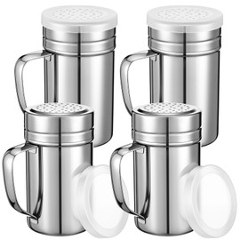 Lallisa 4 Pcs Stainless Steel Salt and Pepper Shakers with Lid and Handle Dredge Spice Seasoning Condiment Popcorn Salt Shaker Powder Sugar Flour for Cooking Kitchen Baking (14oz)