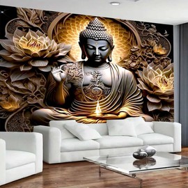 FENDROM Sitting Golden Buddha Tapestry Wall Hanging Buddhist Statue Tapestries Vintage Fire Lotus Meditation Wall Decor Zen Art Psychedelic Tapestry for Bedroom Living Room Home Decor