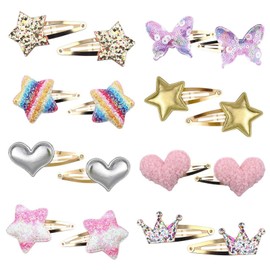 Novadex 8 Pairs/16 Pcs Cute Hair Clips Set - Sparkly Heart, Star, Butterfly, Crown Shaped Barrettes Adorable Sequin Snap Pins Colorful Hair Clips Styling Accessories Metal Hair Barrettes