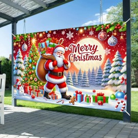 BlissYard Merry Christmas Banner Santa Claus Christmas Tree Gifts Snowflakes 71x43 Inch Holiday Decorations for Indoor Outdoor Xmas Party Home Decor Winter Wonderland Festive Celebration Backdrop