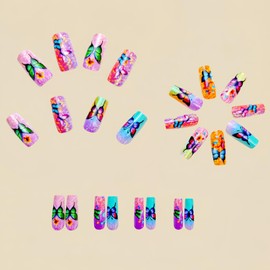 Colorful Press on Nails Medium Coffin Fake Nails Gradient Glue on Nails Butterfly Stick on Nails Glossy Shiny Spring Acrylic False Nails Full Cover Artificial Nails Reusable Nails for Women Girl 24Pcs