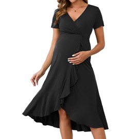 MARI GABRIEL Women's Maternity Dress Semi Formal Work Wrap V Neck Pleated Ruffle Summer Pregnancy Dresses for Wedding Guest XX-Large Black