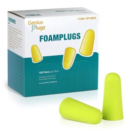 Genius Plugz Noise Cancelling Disposable Soft Foam Uncorded Ear Plugs Hearing Protection - 32dB NRR Rated, Hi-Visibility Colors, 100 Pairs Individually Packed in Box (Hi-Viz Green)