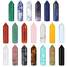 20 Pcs Crystals and Healing Stones Sets Hexagonal Bullet Shaped Pointed Reiki Meditation Gemstone Energy Balancing Tiger Eye Obsidian Quartz Crystals Gemstone Chakra Stones Wands Bulk Natural Pocket