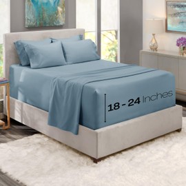 Hearth & Harbor Extra Deep Pocket Cal King Size Sheets Sets - Fits Mattress 18-24 Inches Deep - Extra Deep Pocket Sheets - 6 Piece California King Size - Stone Blue