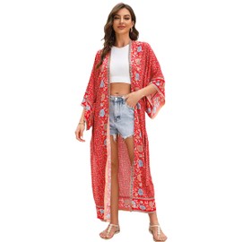 R.Vivimos Women's Boho Floral Print Loose Scarf Kimono Cardigan Cover Blouse (Large, Red), red