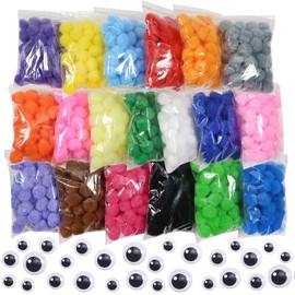 TOAOB 950pcs 0.6 Inch Assorted Pom Poms Multi Color Fuzzy Pompoms Balls Art Supplies with Wiggle Eyes for DIY Crafts Decorations