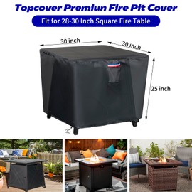 Topcover Fire Pit Cover - Waterproof 600D Square Fire Table Cover Fit for 28-30 Inch Patio Propane Firepit (Black - 30" x 30"W x25"H)