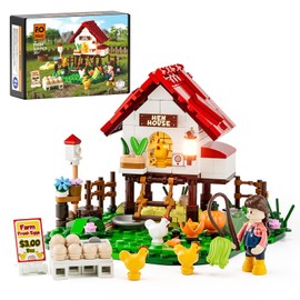FUNWHOLE Farm Hen-House Lighting Building-Bricks Set - Farm Life Chicken Henhouse and Animal Collection LED Light Construction Building Model Set 323 Pcs for Adults and Teen