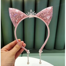 Girls Headbands Cat Cat Ear Headband Glitter Sequin Animal Ears Headband Wedding Bridal Tiara Headband Hair Hoop with Lace and Pearl Pendant for Women Girls Headbands Cat Ears 1PCS (Pink, One size)