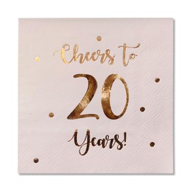 Servilletas de cóctel Cheers to 20 Years | Decoraciones de feliz 20 cumpleaños para hombres y mujeres y decoraciones de fiesta de aniversario de boda | Paquete de 50 servilletas de 3 capas | 5 x 5 pulgadas plegadas (rosa)