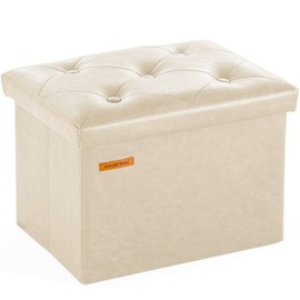 HAUSFRAU Storage Ottoman Foot Rest Stool, Small Folding Ottoman with Storage, Tufted Square Cube Footrest, Faux Leather Ivory