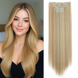 Benehair 24" Clip in Hair Extensions Full Head 6 Pcs 16 Clips Long Straight Hair Extensions Clip in Synthetic Fiber Natural Extension Hairpiece for Women(Golden Blonde mix Blonde, 140g)