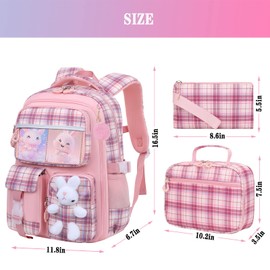 KBGPW 3pcs Girls Backpack With Lunch Box & Pencil Case,Cute Rabbit Kids School Backpack Set For Kindergarten & Elementary School (Style B Pink-16.5in)