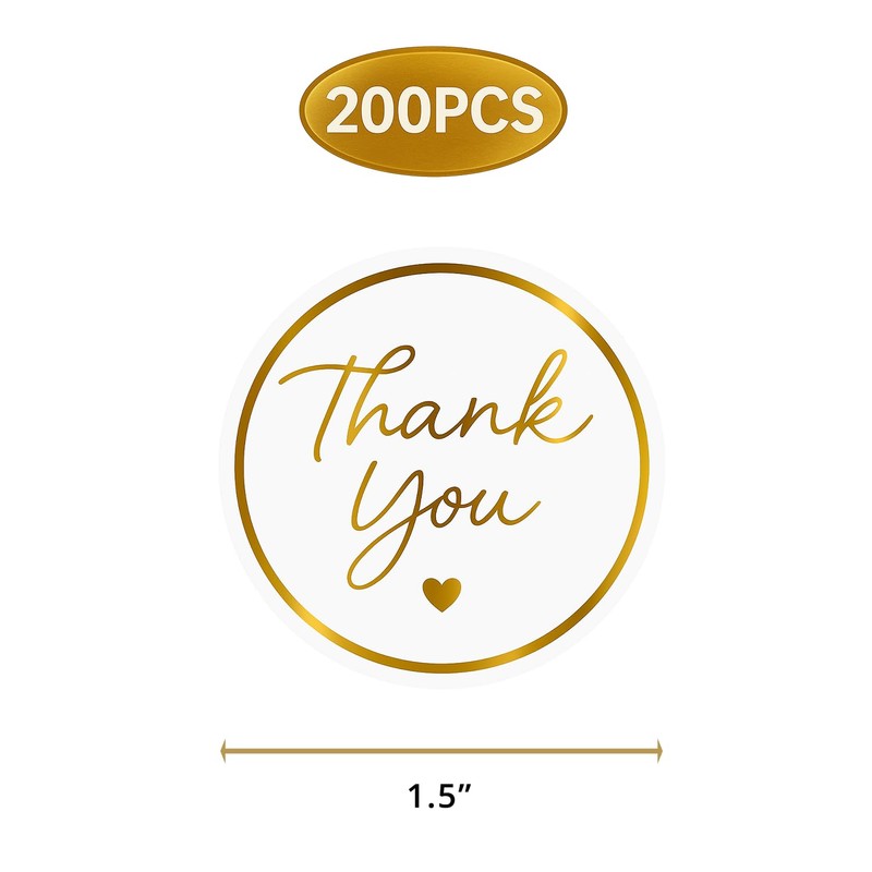 1.5" Gold Thank You Stickers, 200 Pcs Self-Adhesive Envelope Seals