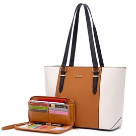 Purses for Women Large Tote Shoulder Color Blocking Handbags Top Handle Satchel Women Purse Wallet set 2pcs BrownBeige
