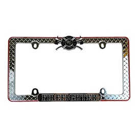 Premium Firefighter Diamond Metal License Plate Frame Cover - Weatherproof Heavy Duty Design