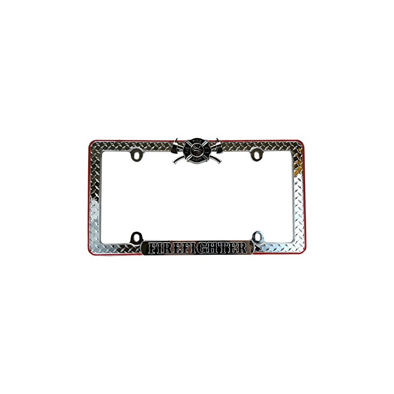 Premium Firefighter Diamond Metal License Plate Frame Cover - Weatherproof
