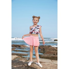 GRACE KARIN Girls' Bikini Set of 3 Adjustable Shoulder Strap Ruffle Tankini with Skirt 5-12 Years, Pink Palm Tree