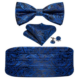 YOHOWA Blue Black Cummerbund Bow Tie for Men Floral Silk Pre-Tied Bowtie Handkerchief Cufflinks Set Formal Wedding Party Prom