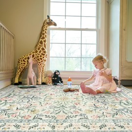 Morebes Boho Rugs for Living Room, Large 8 x 10 Area Rugs for Living Room Non Slip,Soft Ultra-Thin Distressed Floral Throw Carpet for Bedroom Office Dining Room, Cream/Multi