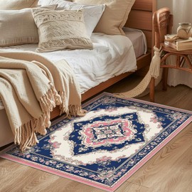 Oriental Area Rug Pink Blue Washable 2x3 Rugs for Living Room Bedroom Traditional Beige Non-Slip Soft Floor Large Carpet for Office Entryway Bathroom